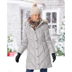 London Fog Women's Long Puffer Coat Faux Fur Hooded Champagne Tan Size Medium
